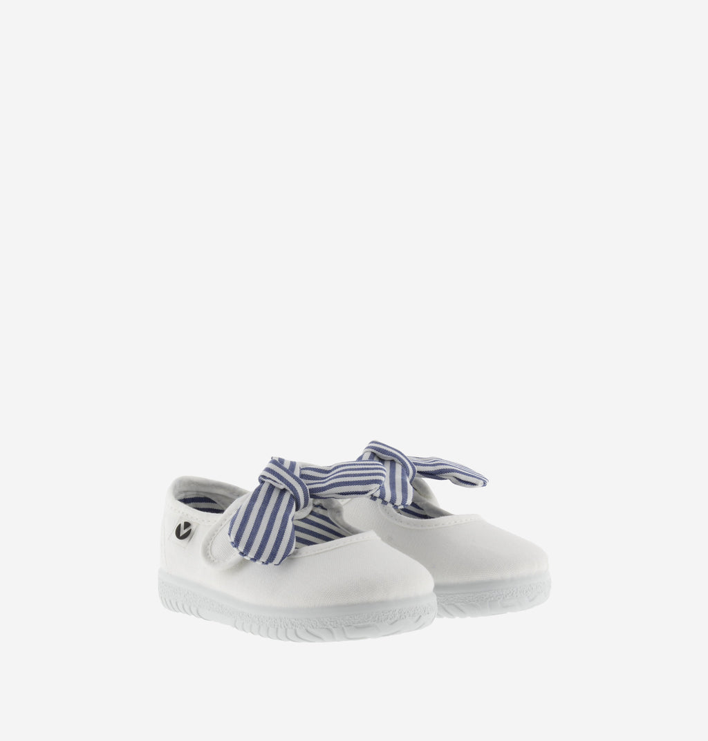 Victoria - ballerina bianca con laccetto righe blu